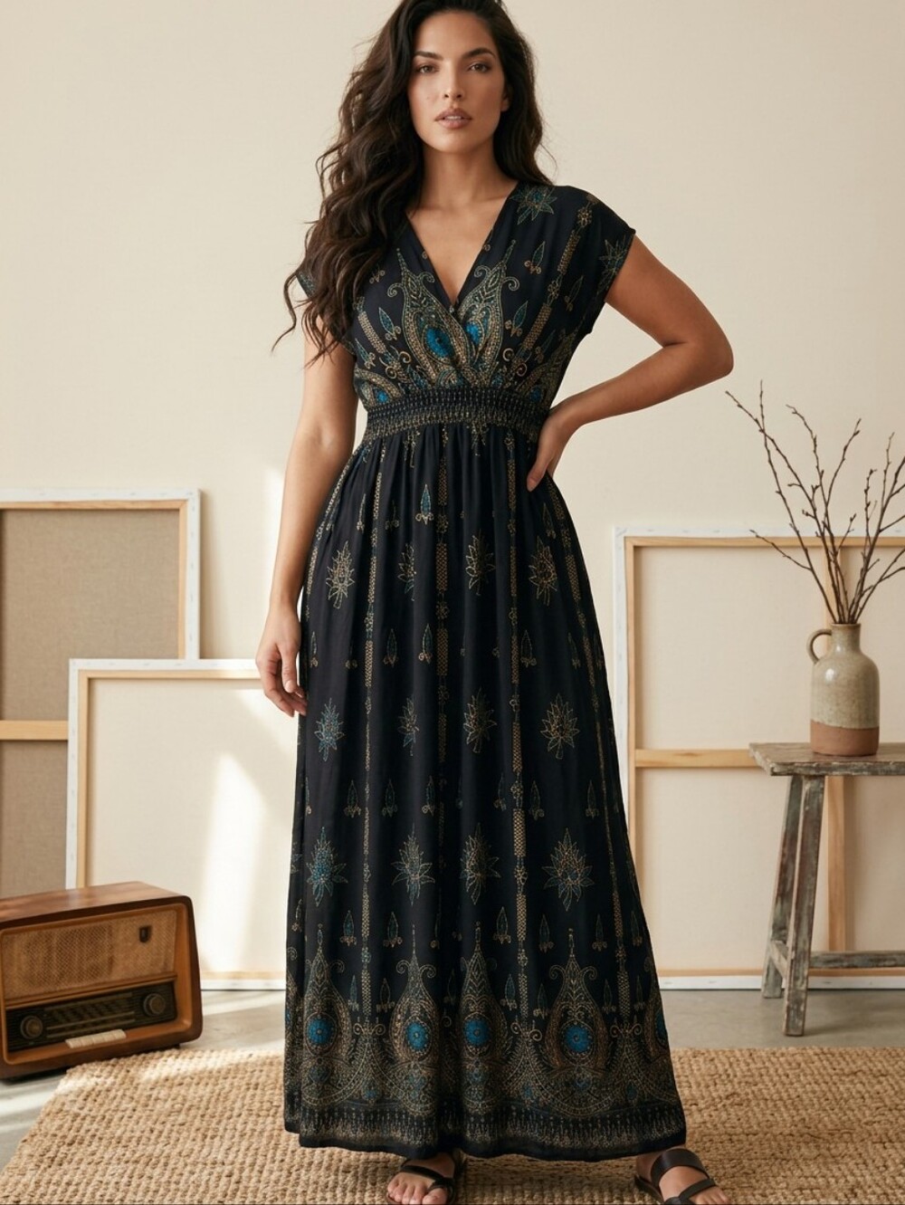 Lapogee SZ L Inspired Empire Waist Maxi Dress W/Pockets Boho Ethnic Resort Wear